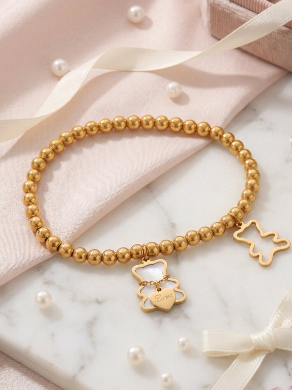 18K Gold Plated Stainless Steel Love Bear Charm Coquette Beaded Stretch Bracelet